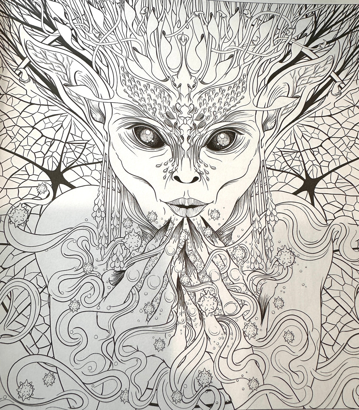 Black and white intricate line art illustration of a fantasy alien or extraterrestrial face with complex patterns, web-like structures, and ornate details.