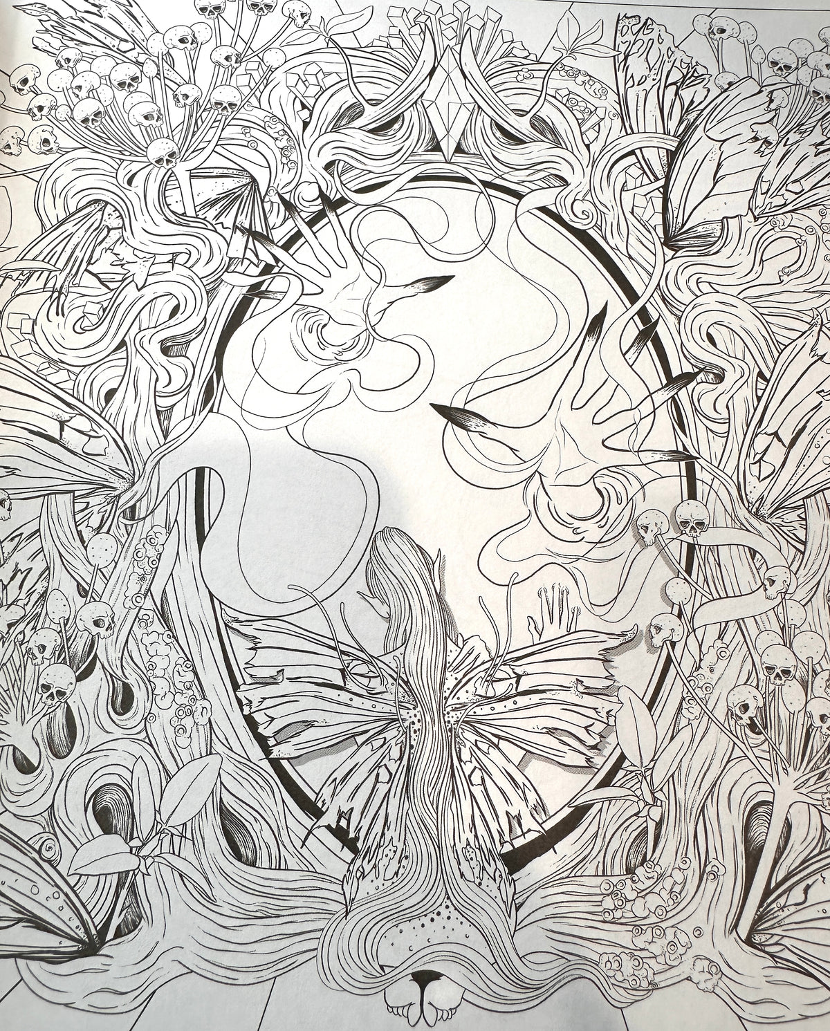 Black and white line art illustration featuring a stylized woman's profile surrounded by flowing hair, butterflies, floral elements, and abstract organic shapes, rendered on a white background.