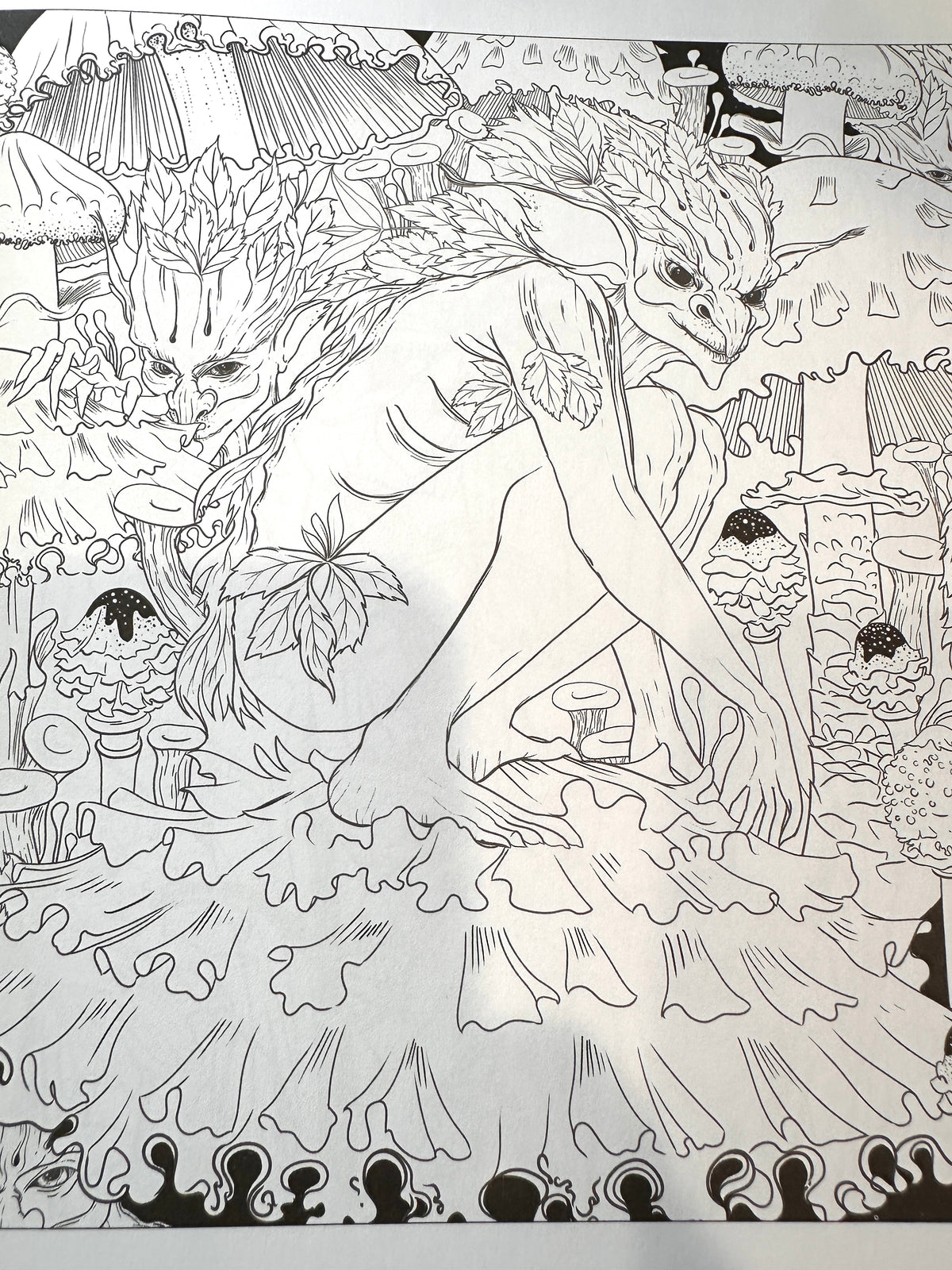 Black and white line art illustration of a fantasy creature or goblin-like figure with leaf-like hair, seated in a detailed forest or garden scene with mushrooms, foliage, and architectural elements.