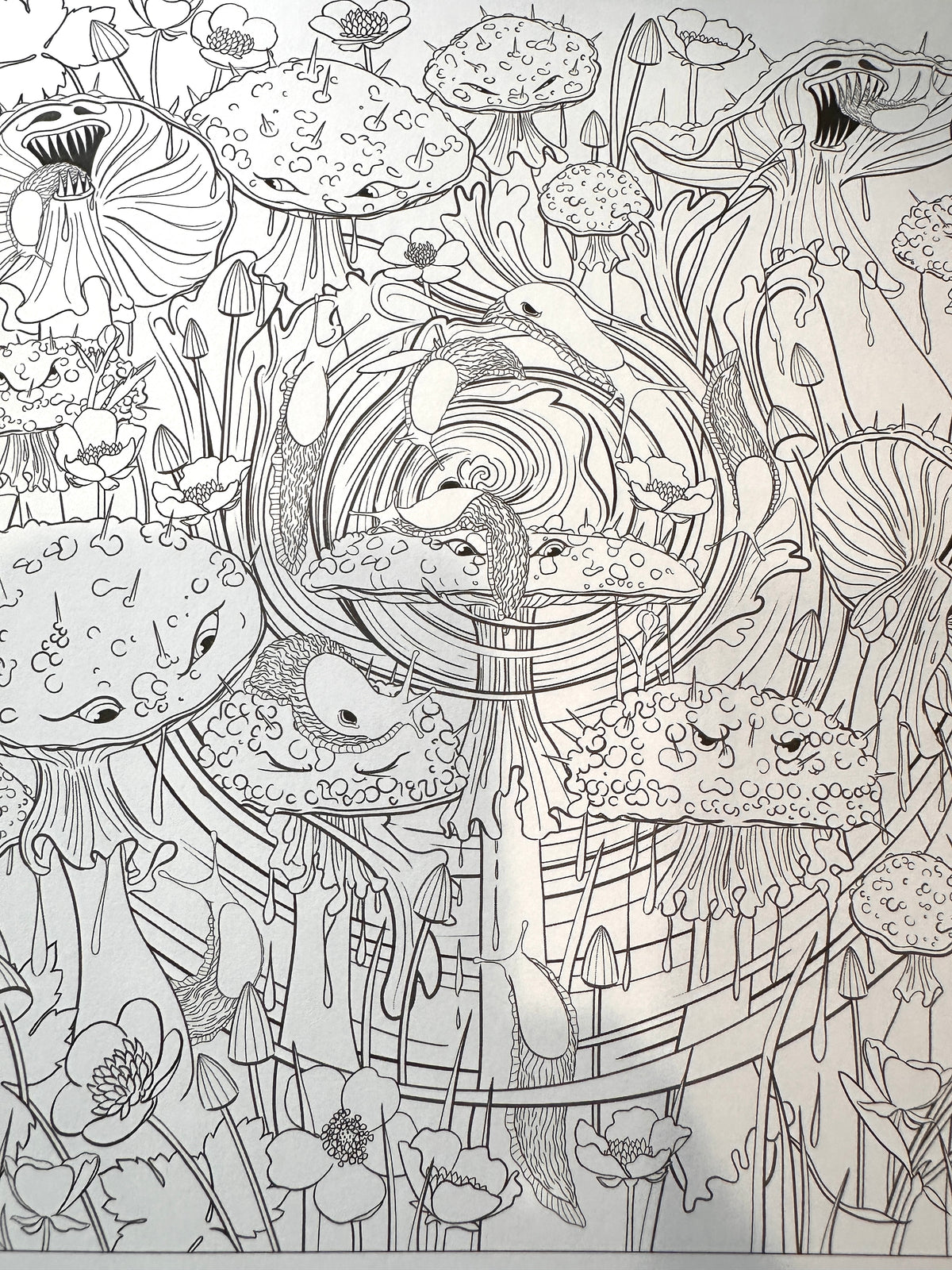 A black and white line art illustration featuring a whimsical, surreal forest of mushrooms, flowers, and abstract organic shapes with faces, filling the entire frame.