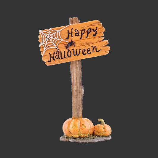 Miniature Resin Happy Halloween sign miniature with jack-o-lanterns and spider web on a rustic wooden  like post used for spooky miniature villages or halloween displays on black background