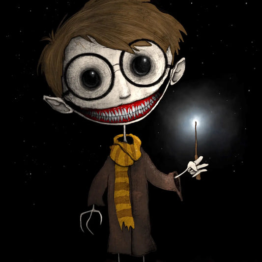 Creeptoons dark horror art print of Harry Potter reimagined with hollow dead eyes, cracked pale skin, tattered robes, lightning bolt scar, and gothic decay on a black background