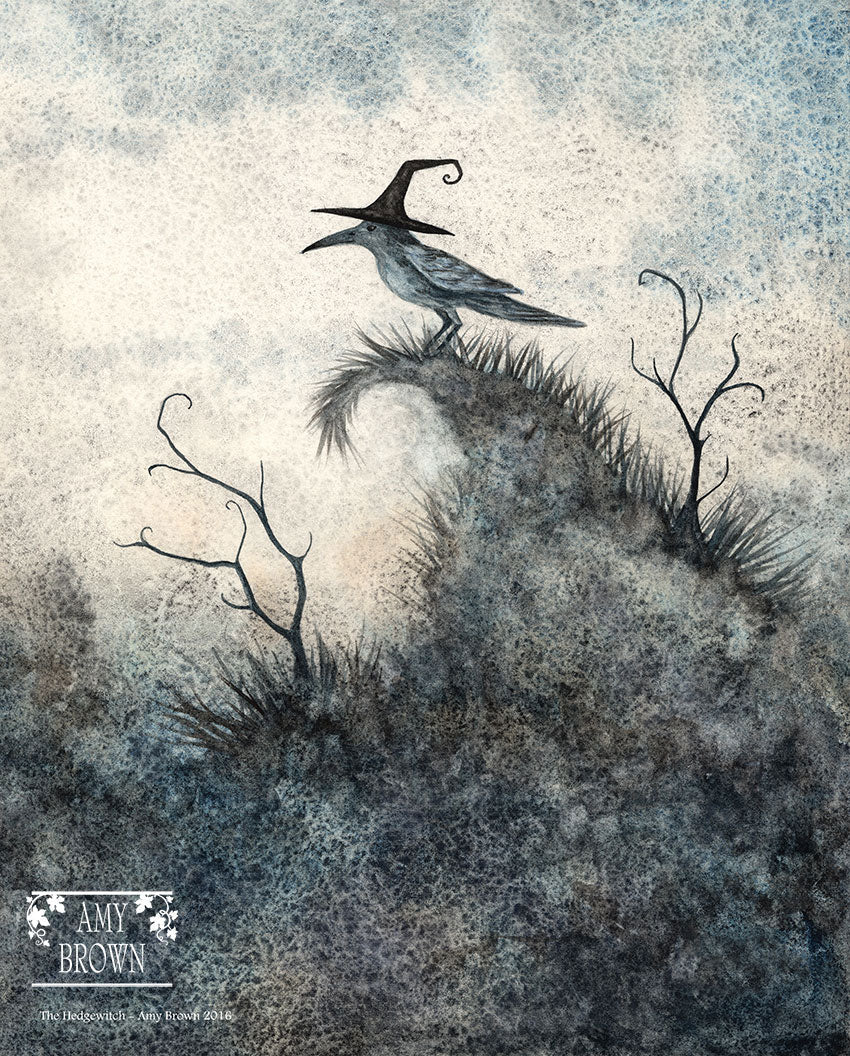 Amy Brown The Hedgewitch mini print featuring a raven wearing a witch hat perched on a misty moss-covered hilltop with bare twisted branches