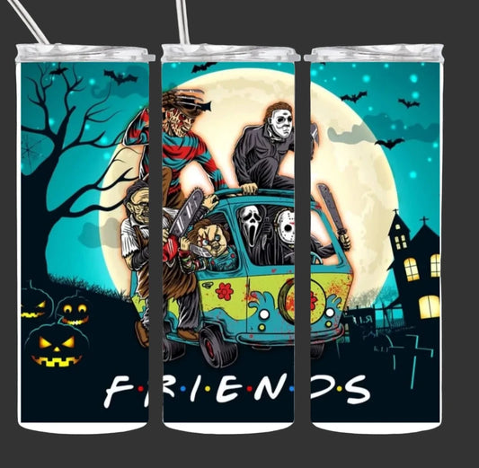One tall thin tumbler showing all three sides with printed Halloween-themed artwork featuring  horror character in a Scooby Doo Parody, Ghost Face, Michael Myers, Chucky, and the Mystery Car, set against a full moon, bats, pumpkins, and a haunted house. The word "FRIENDS" in the same font as the tv show appears at the bottom.