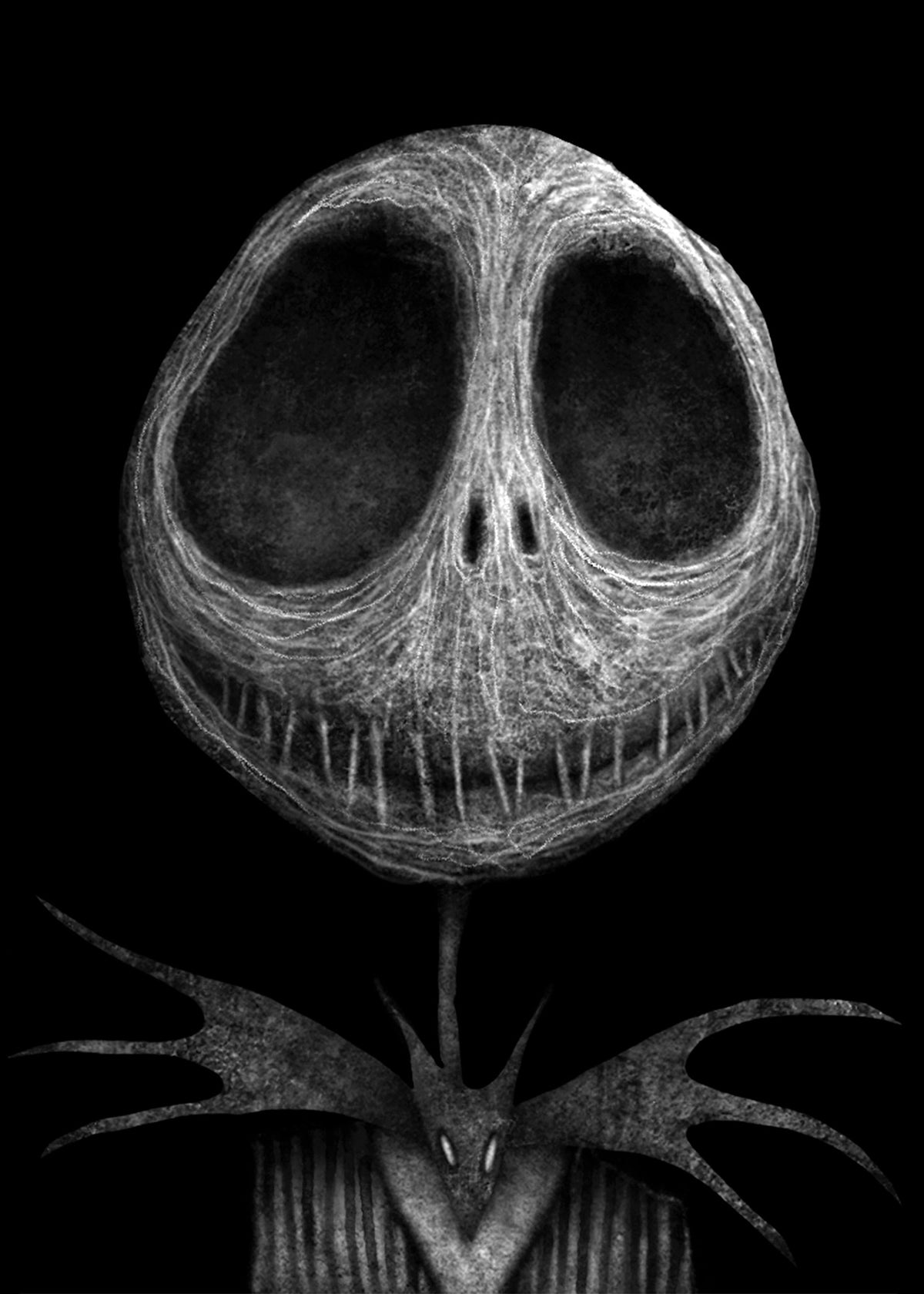 A black-and-white surreal artwork showing a large, skull-like oval head with two dark eye sockets and a wide toothless grin, mounted on a thin stem above a small bat-like figure against a black background.