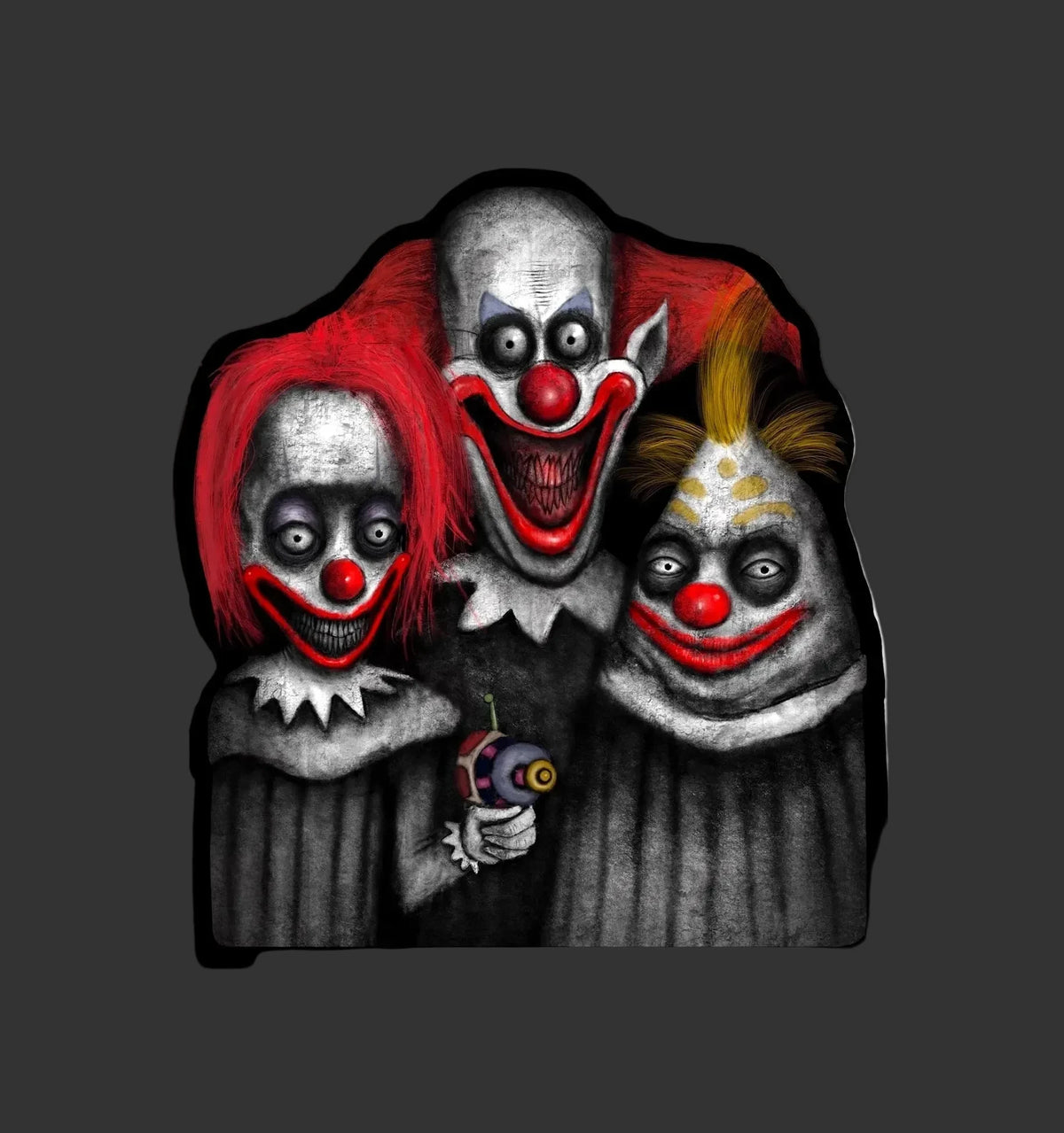 A die-cut sticker or patch featuring three creepy clown illustrations in black and white with bright red accents, shown on a plain white background.