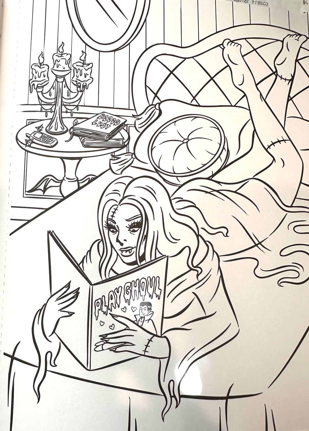 Black and white line art illustration of a woman reading a book titled 'Playshow' in a cozy bedroom setting with candles, a bed, and a mirror.