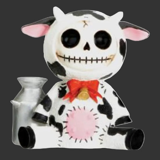 Black and white spotted small moo moo cow furrybones skeleton in cow costume figurine
