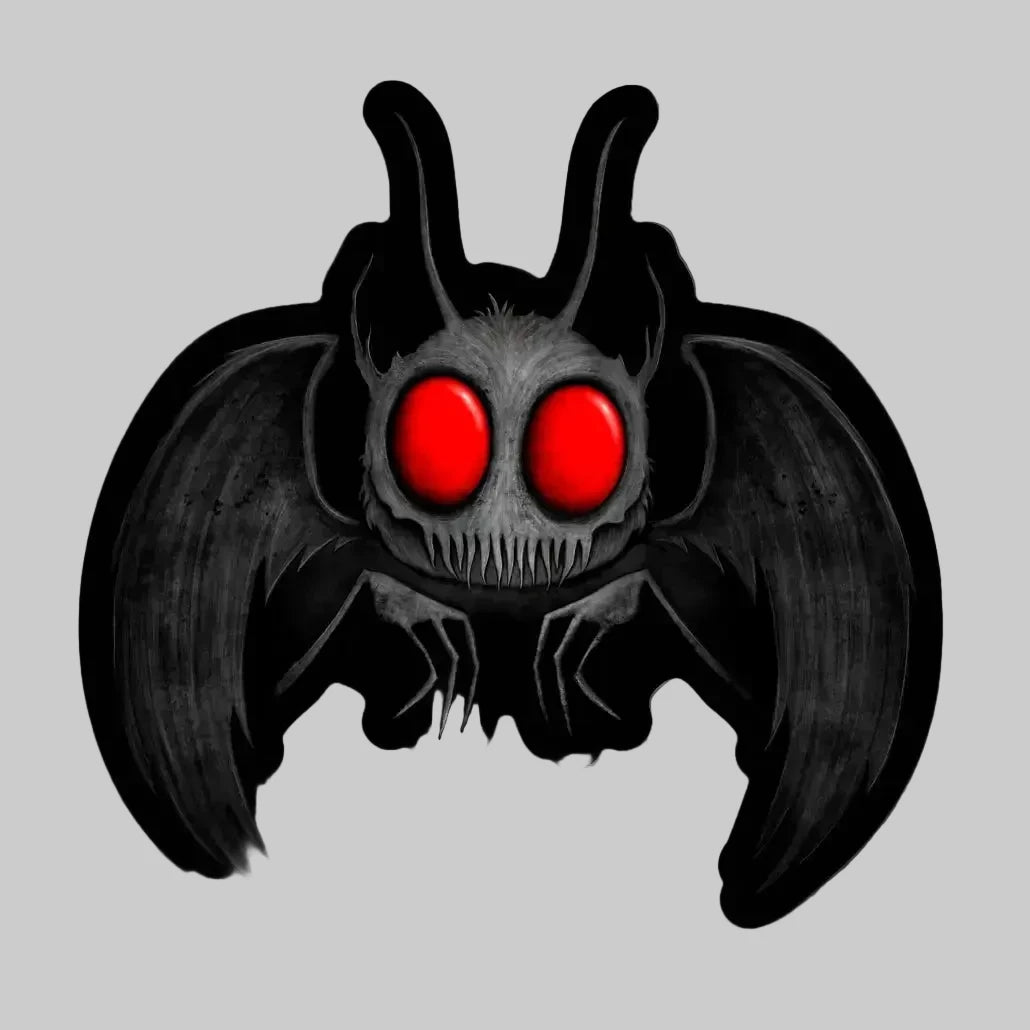 A stylized bat or moth-like monster graphic with large red glowing eyes, black wings, and a dark gray skull-like face on a light gray background.