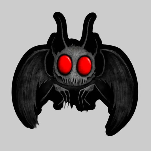 A stylized bat or moth-like monster graphic with large red glowing eyes, black wings, and a dark gray skull-like face on a light gray background.