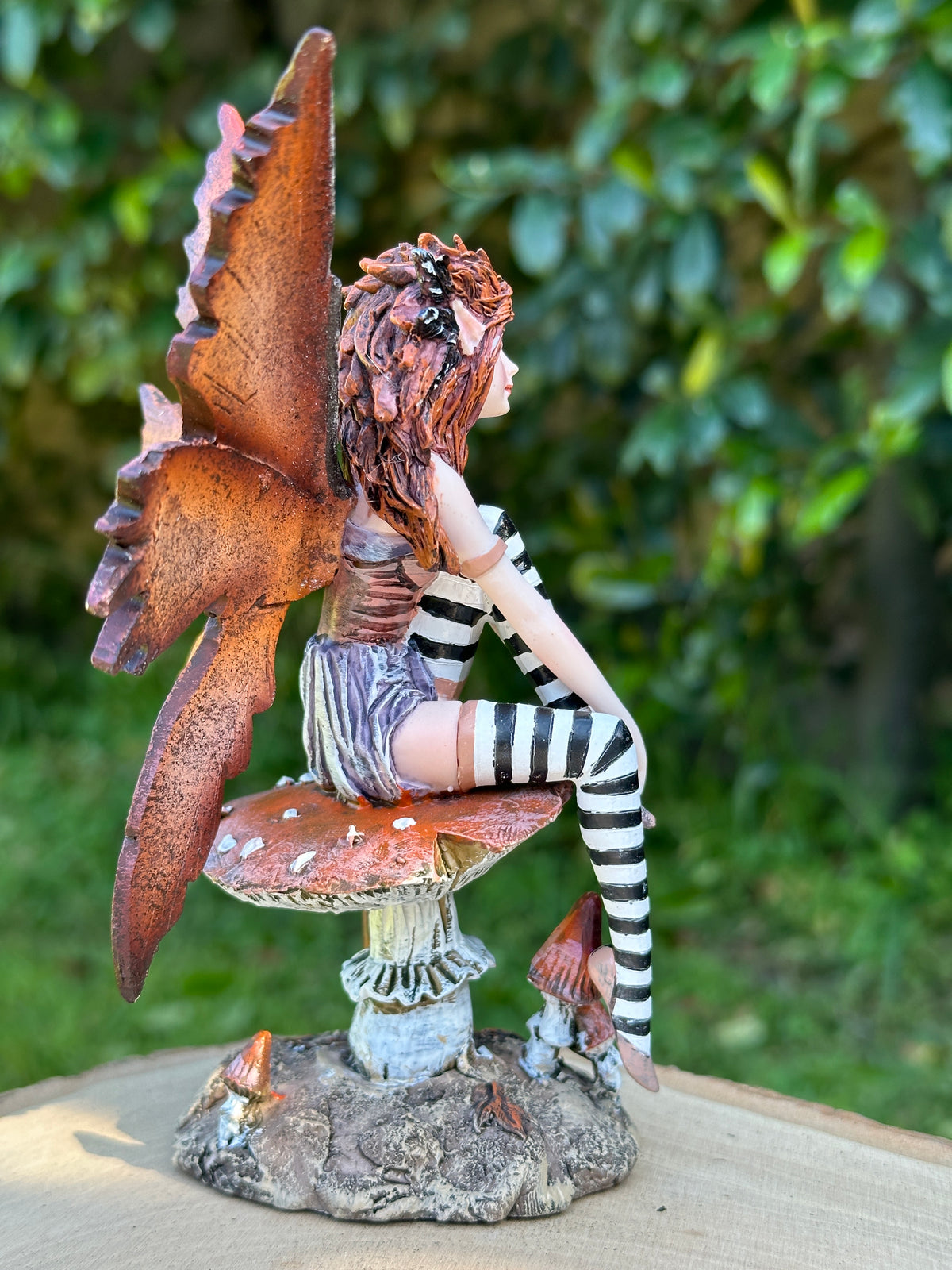 Amy Brown Naughty Fairy figurine full right side view, gothic fairy collectible on mushroom base