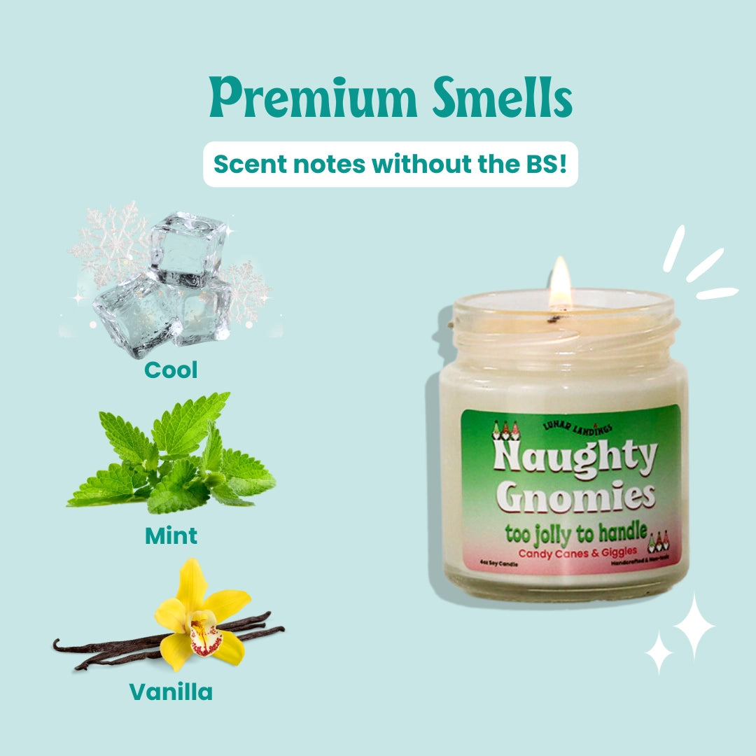 Naughty Gnomies Peppermint Vanilla Soy Candle, Funny Holiday Gift