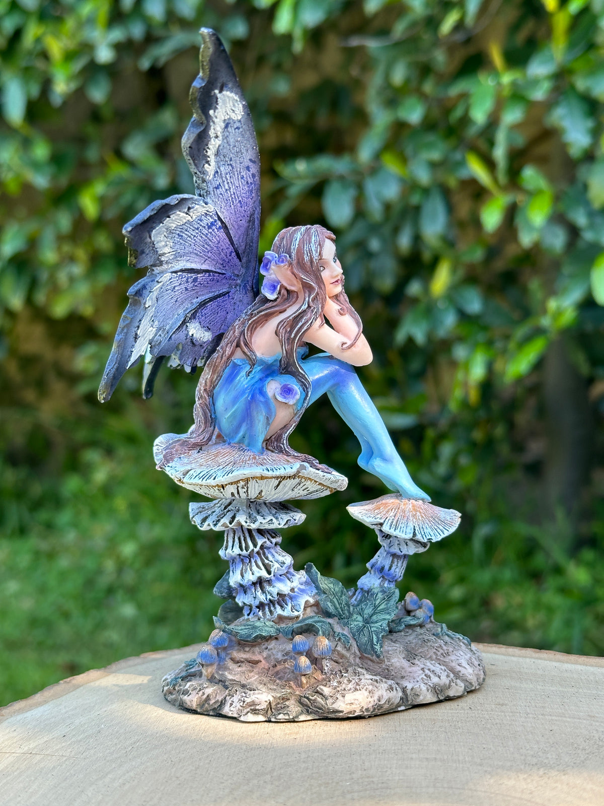 Amy Brown Nice Fairy figurine right side view, cottagecore fairy collectible with purple wings