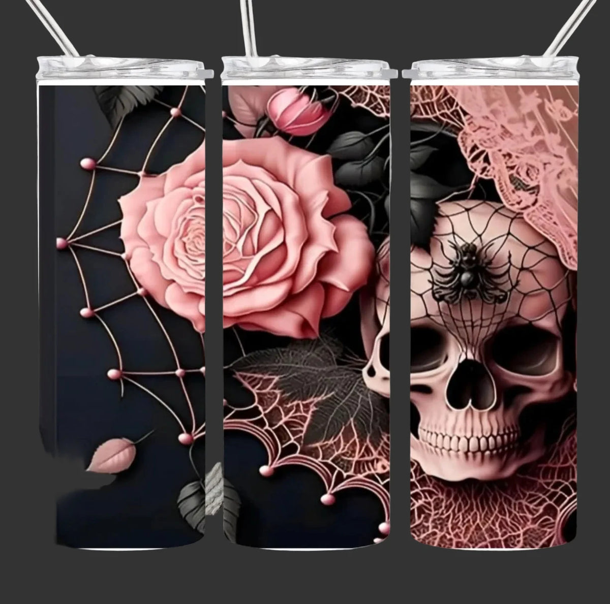 Pink and Black tumbler with straw drinkware with all three sides showing decorative pink spiderwebs, pink skull with black spider and black on pink lace and flowers on a black background