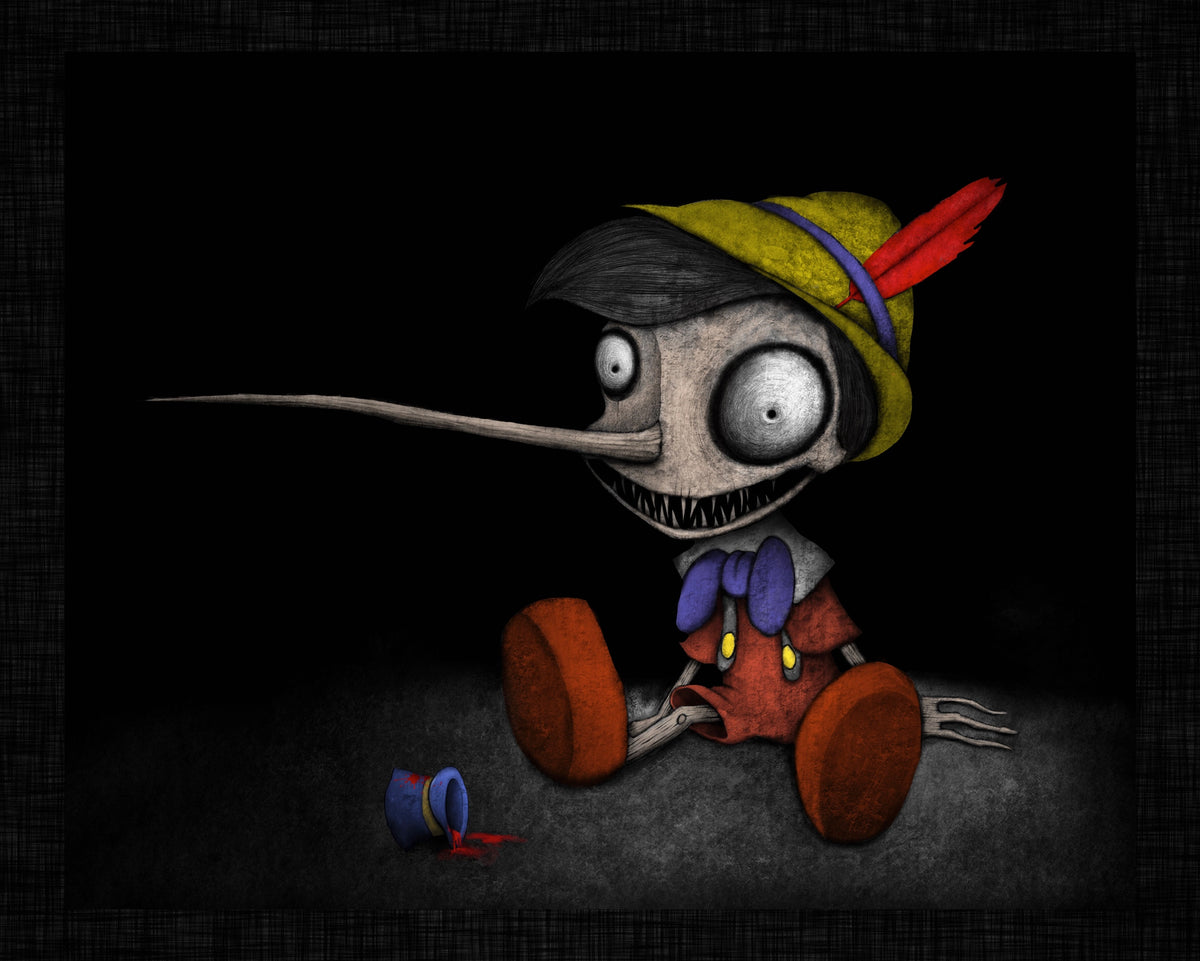 Creeptoons dark horror art print of Pinocchio reimagined as a decayed wooden puppet with hollow black eyes, cracked painted face, elongated nose, and a wide unsettling grin on a black background