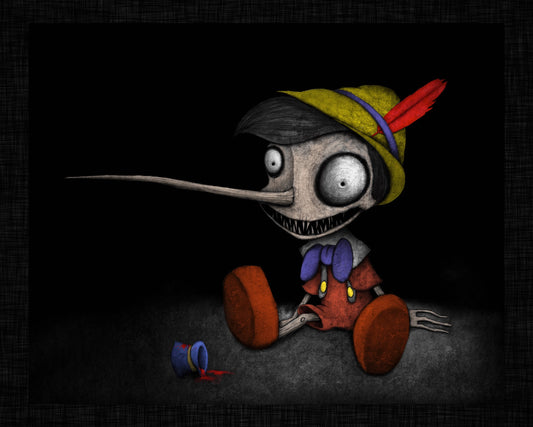 Creeptoons dark horror art print of Pinocchio reimagined as a decayed wooden puppet with hollow black eyes, cracked painted face, elongated nose, and a wide unsettling grin on a black background