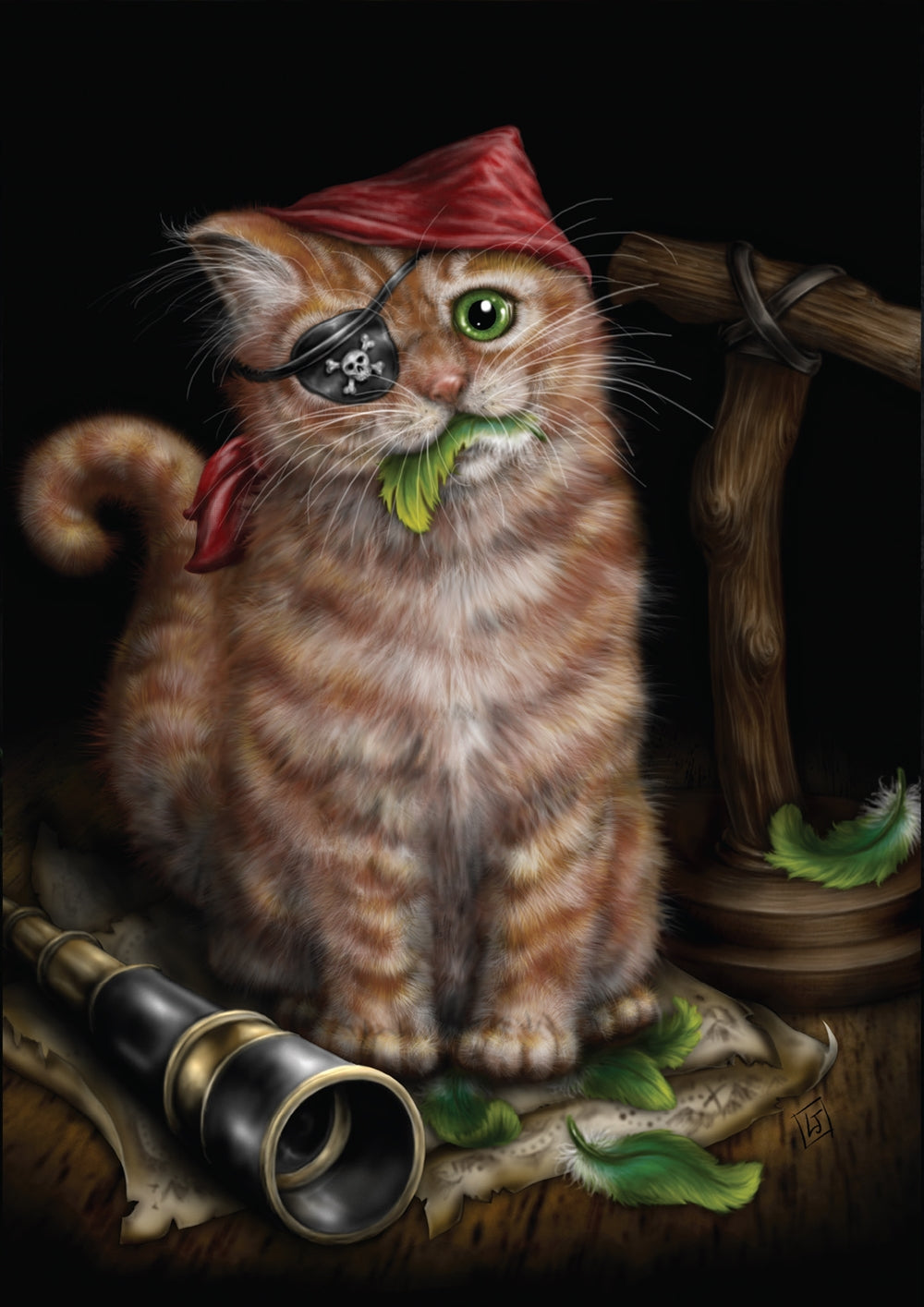 Brown and white stripedCat with a pirate hat and eyepatch over one eye and the other one is green, sitting on a treasure map with a telescope nearby.