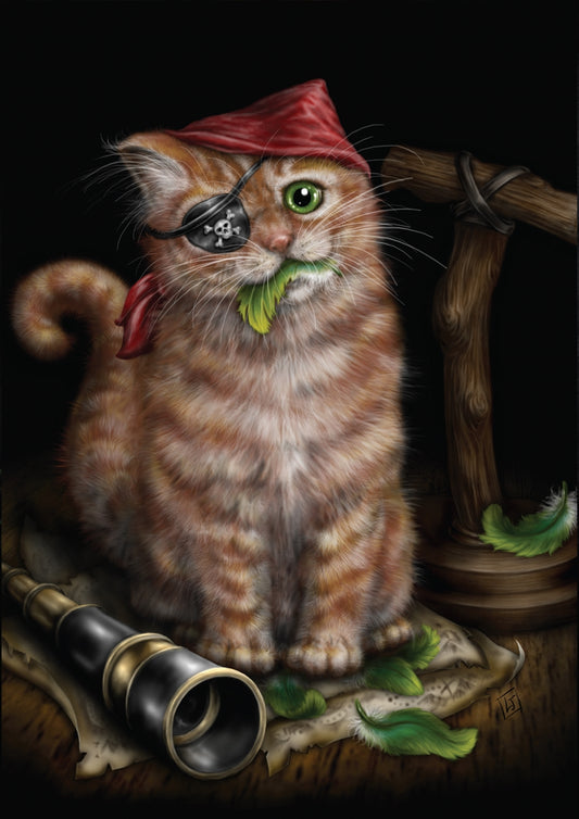 Brown and white stripedCat with a pirate hat and eyepatch over one eye and the other one is green, sitting on a treasure map with a telescope nearby.