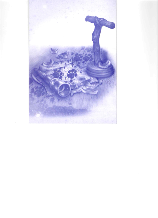 A vertical art print or illustration featuring a stylized blue and purple scene with a fountain-like form, bubbles, and a small cylindrical object, centered on a large white background.