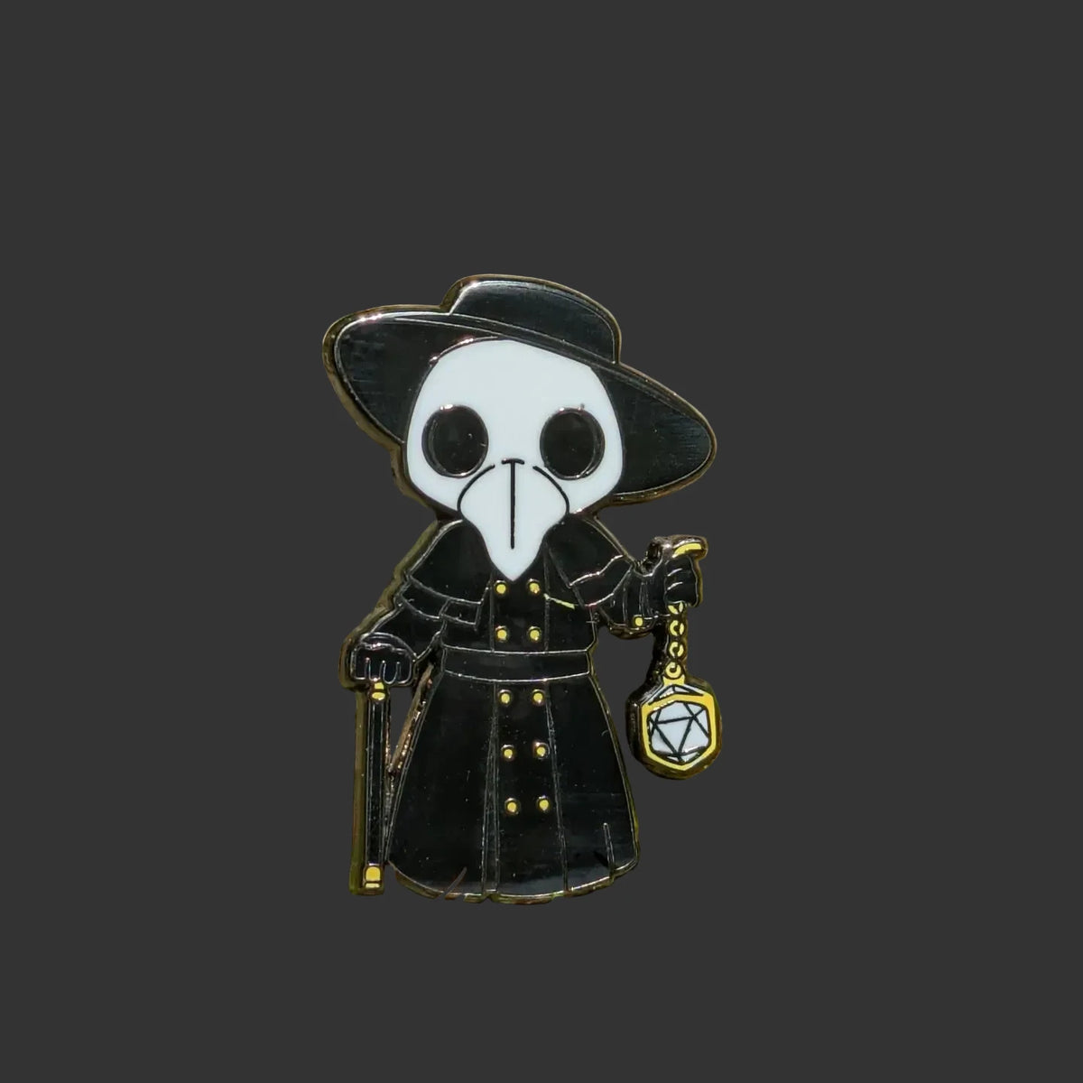 Hard enamel plague doctor pin with black coat, beak mask, cane, and gold D20 lantern on dark background