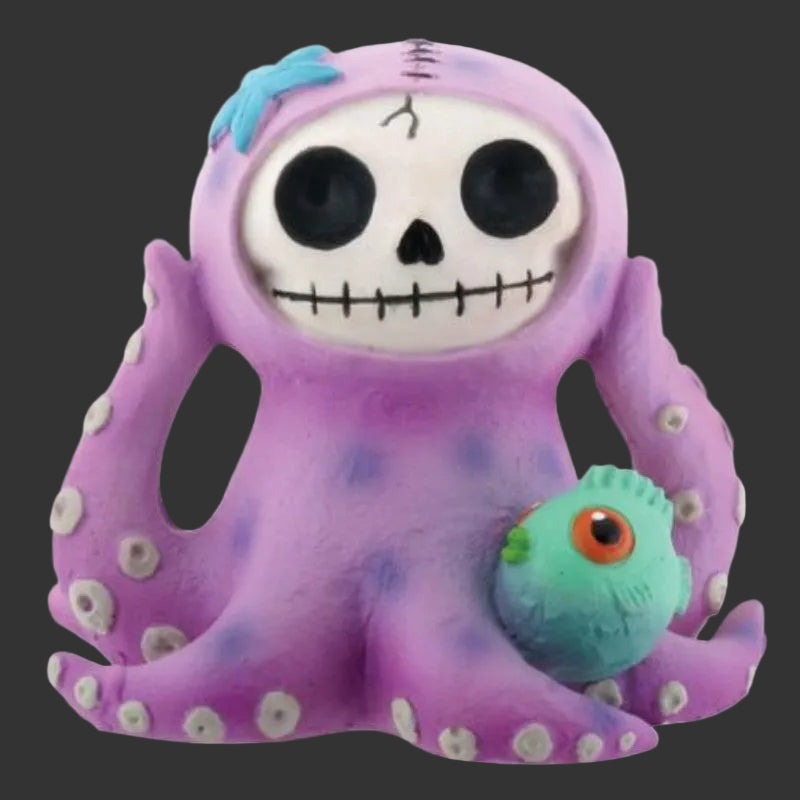 Purple furrybones keleton octopus figurine with a fish on a black background
