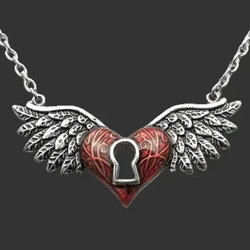 A gothic-style winged heart pendant necklace. The heart is textured with red and black swirls, has a silver keyhole cutout in the center, and is flanked by detailed silver wings.