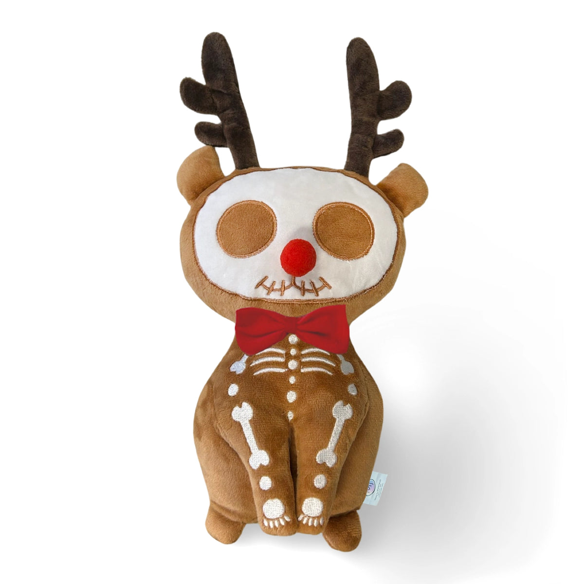 Plush Rudolph red nose reindeer ginger dead plush with skeleton design red nose and red bow tie on a white background