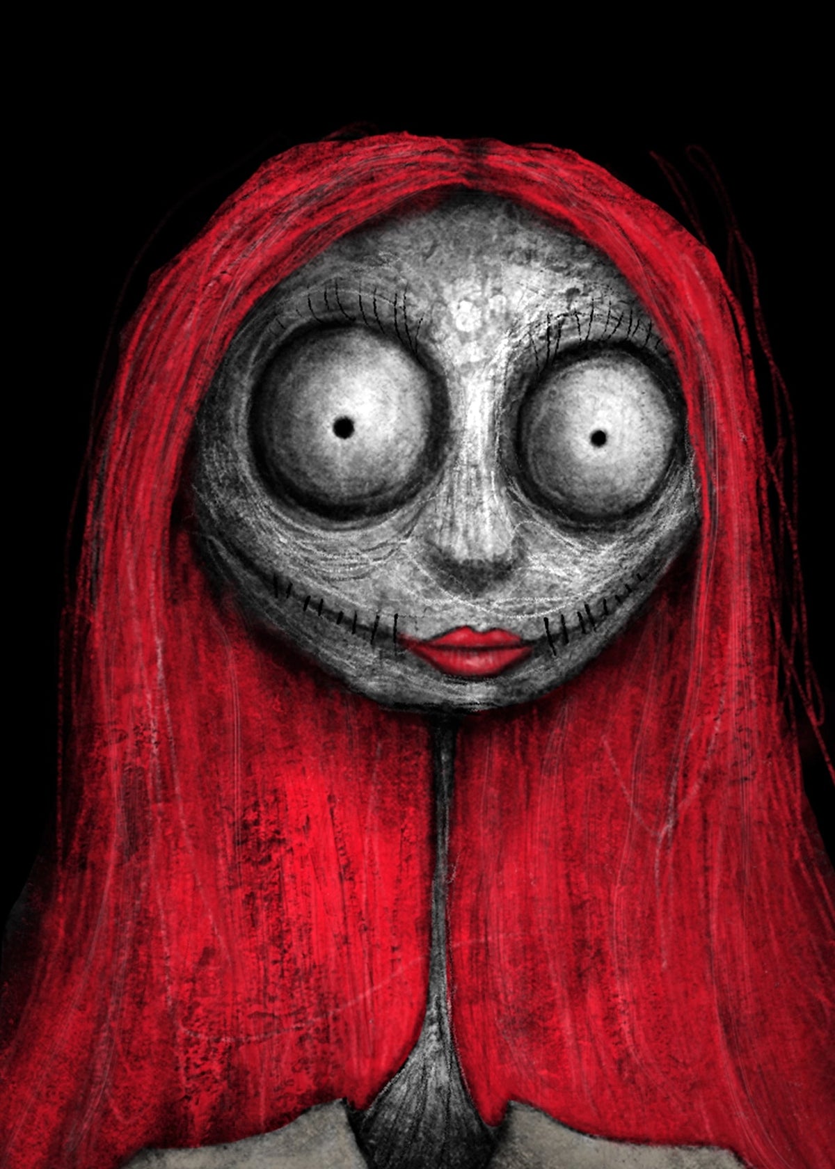 A stylized horror portrait of a woman with long bright red hair, a stitched smiling mouth, and oversized gray eyes on a black background.