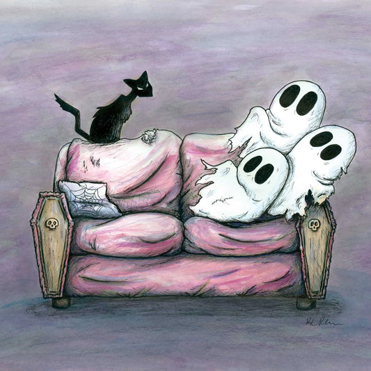 Gothic illustration of a pink couch with three white ghosts draped over it, a black cat perched on the backrest of a pink couch with wooden arms featuring a skull on each one, and a black spider web patterned pillow, rendered in a pastel sketch style on a muted purple background.