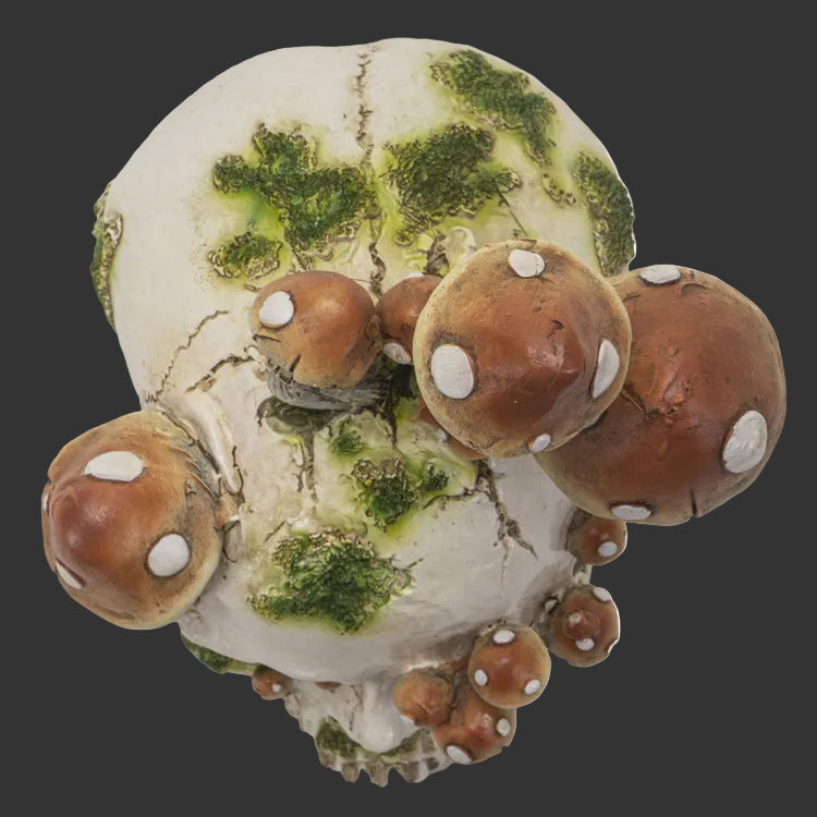 Decorative mushroom cluster on a white skull. 