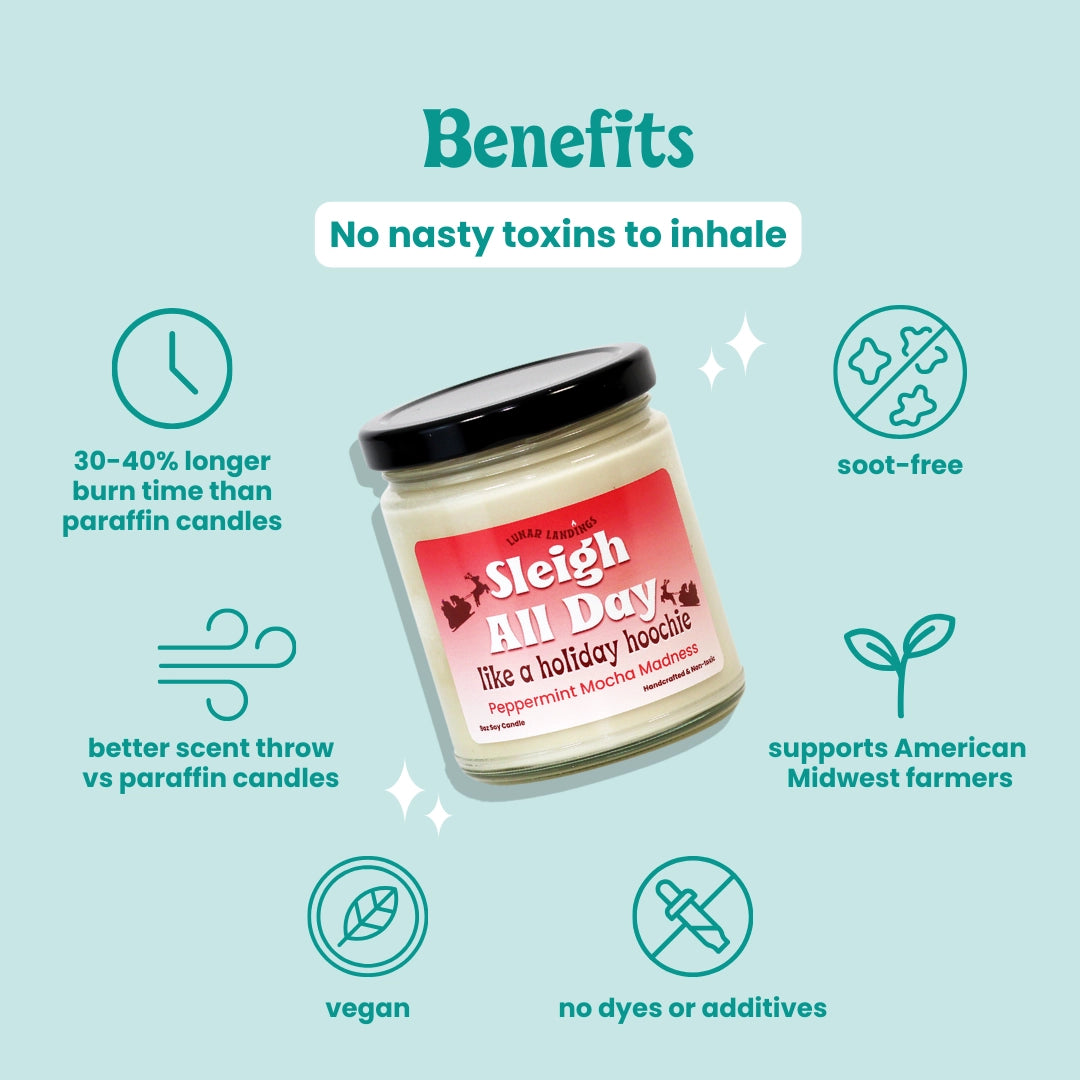A jar of 'Sleigh All Day' peppermint molasses candles is shown on a light blue background with infographic-style benefit callouts around it, including 'No nasty toxins to inhale,' '30-40% longer burn time than paraffin candles,' 'soot-free,' 'better scent throw vs paraffin candles,' 'supports American Midwest farmers,' 'vegan,' and 'no dyes or additives.'.