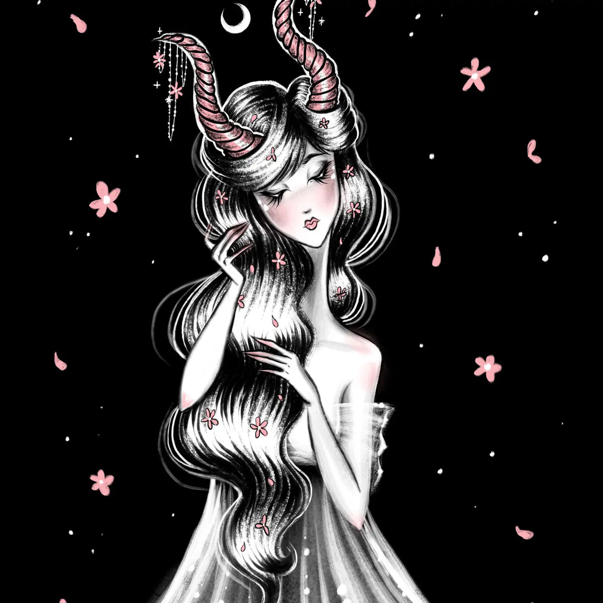 Fantasy illustration of a horned woman with long wavy hair, a white dress, and pink flowers on a black background.