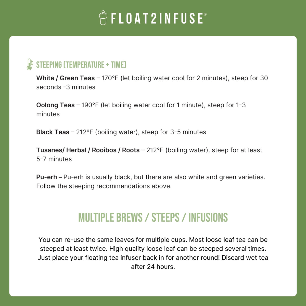 Steeping guide for different types of tea with Float2Infuse branding on a green background