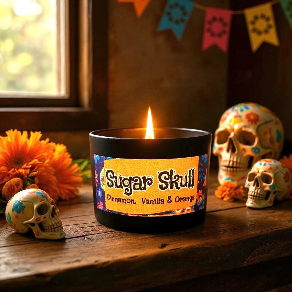 Sugar Skull Candle Cinnamon Vanilla Orange Dia de los Muertos Gift
