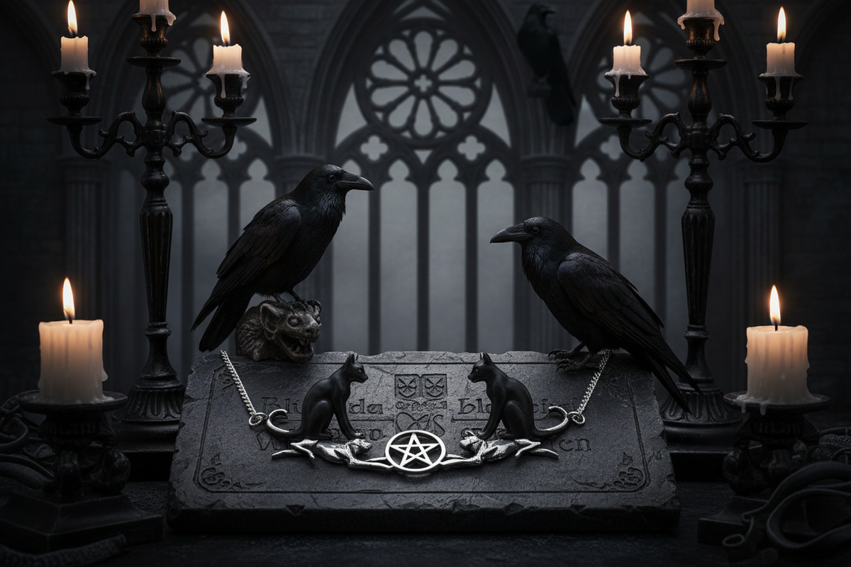 A silver-toned necklace displayed on a white neck mannequin. The necklace features two leaping cats reaching toward a central pentagram symbol, suspended from a delicate chain.
