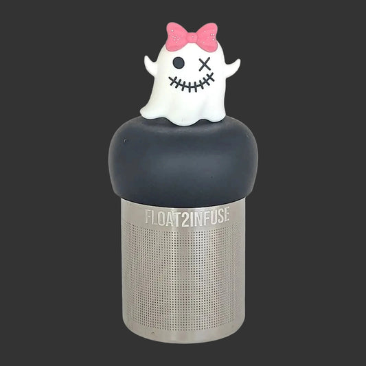 A floating infuser bottle with a black cap and a silver metal mesh body, featuring a cute white ghost decoration with a pink bow on top. The brand name 'FLOAT2INFUSE' is printed on the side.